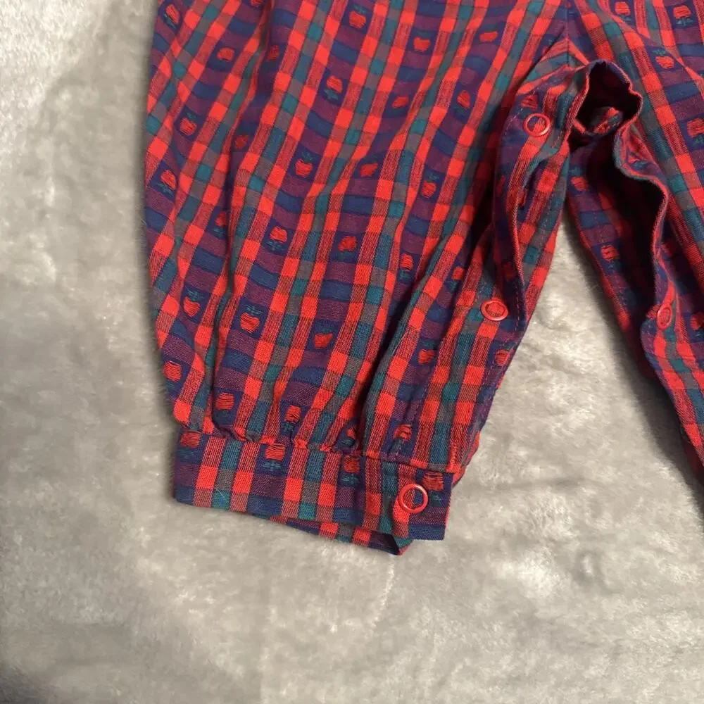 1990's Vtg OshKosh B'gosh 90s Baby Apple Plaid Peter Pan Collar Bubble 12M USA